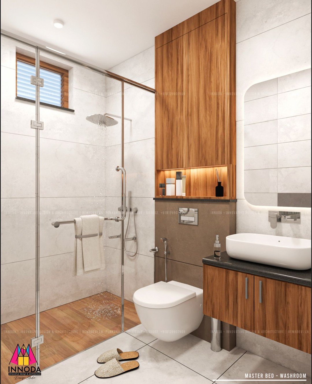 Teak ensuite bathroom with frameless glass shower